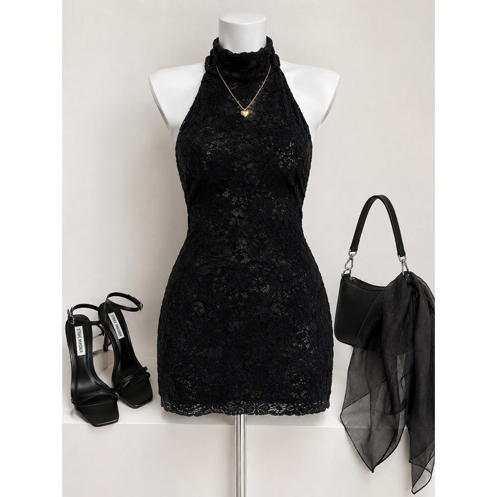 Black Lace Halter Bodycon Dress Ruched Club Party Mini Y2K Boohoo 4